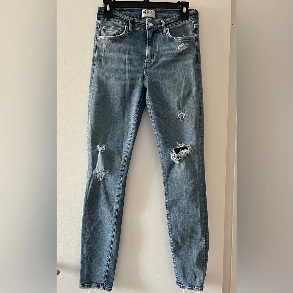 AGOLDE Sophie High Rise Medium Light Wash Distressed Skinny Jeans